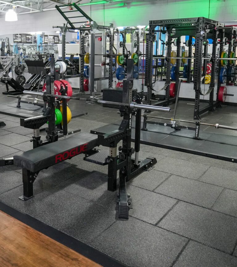 Strength equipment area at Everyone Fitness featuring Rogue racks and free weights.